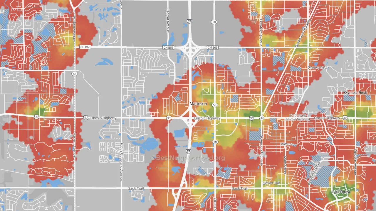 Walk Grade map of 60443, IL, walkable areas in green and car-dependent areas in red