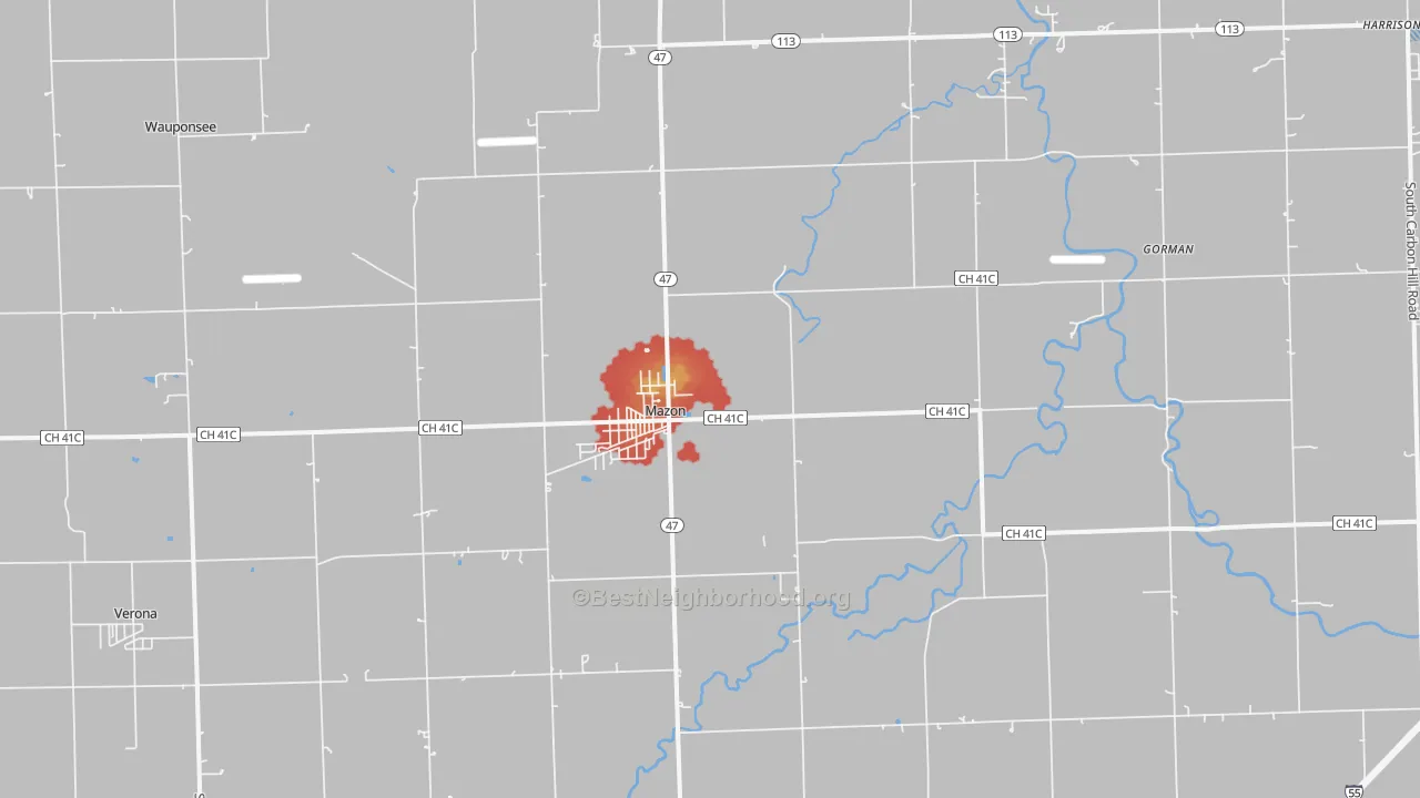 Walk Grade map of 60444, IL, walkable areas in green and car-dependent areas in red