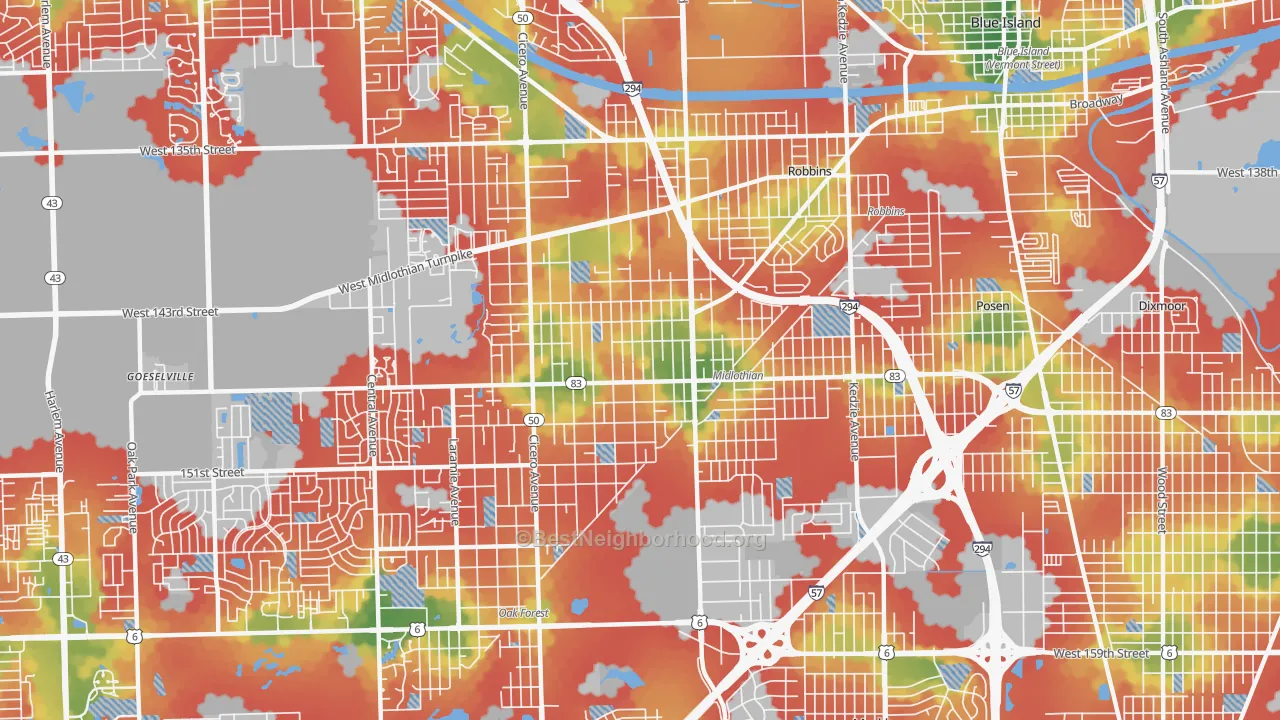 Walk Grade map of 60445, IL, walkable areas in green and car-dependent areas in red
