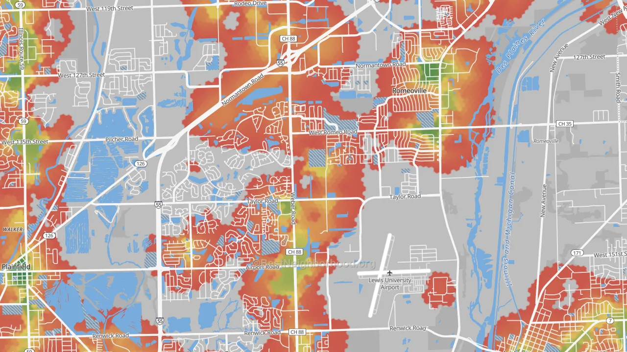 Walk Grade map of 60446, IL, walkable areas in green and car-dependent areas in red