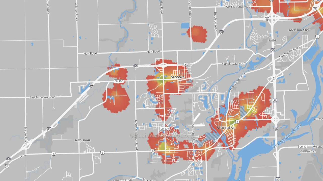 Walk Grade map of 60447, IL, walkable areas in green and car-dependent areas in red