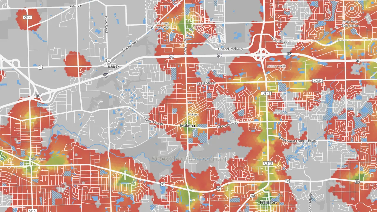 Walk Grade map of 60448, IL, walkable areas in green and car-dependent areas in red
