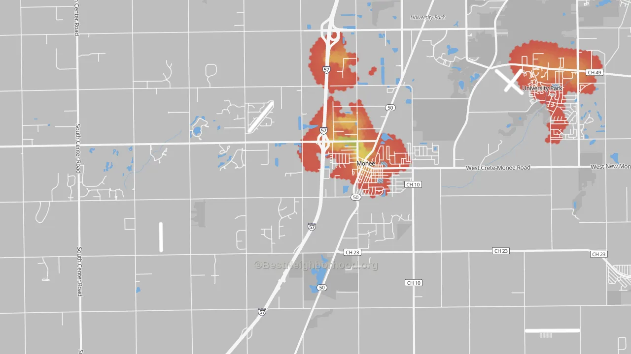 Walk Grade map of 60449, IL, walkable areas in green and car-dependent areas in red