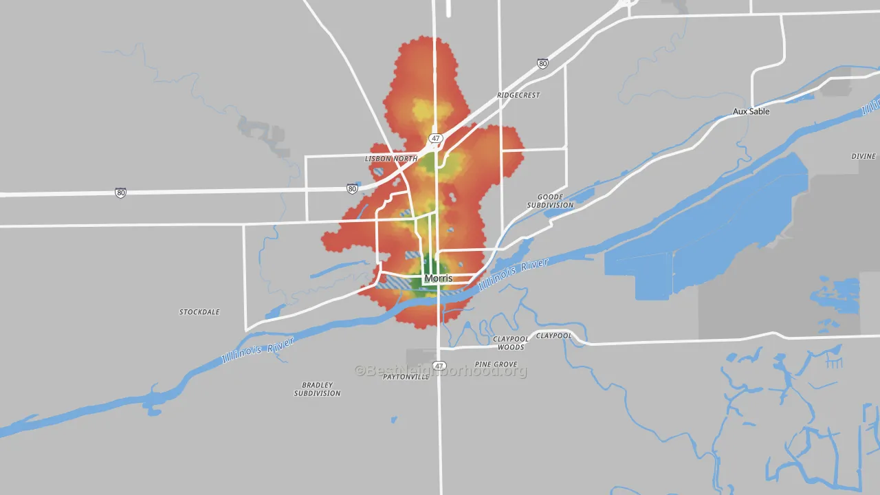 Walk Grade map of 60450, IL, walkable areas in green and car-dependent areas in red