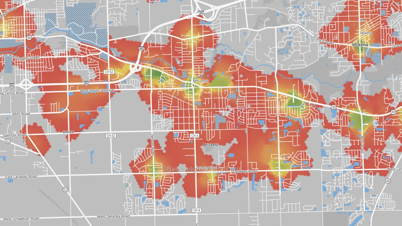 Walk Grade map of 60451, IL, walkable areas in green and car-dependent areas in red
