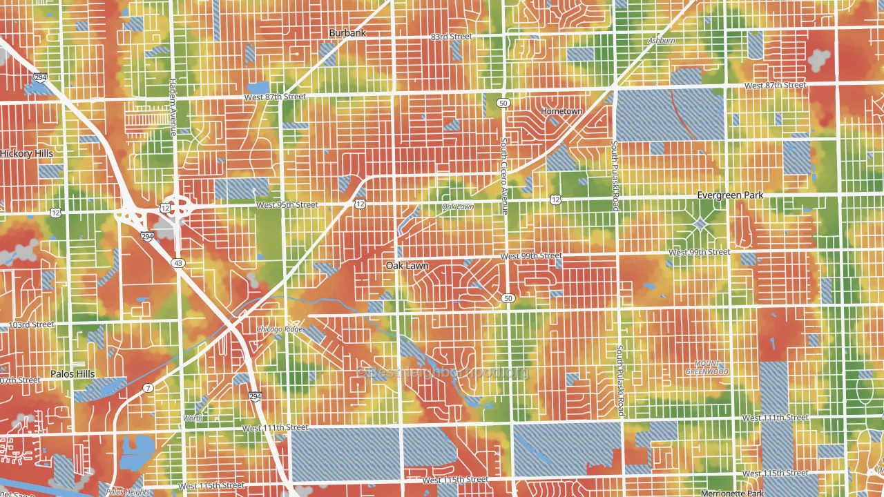 Walk Grade map of 60453, IL, walkable areas in green and car-dependent areas in red