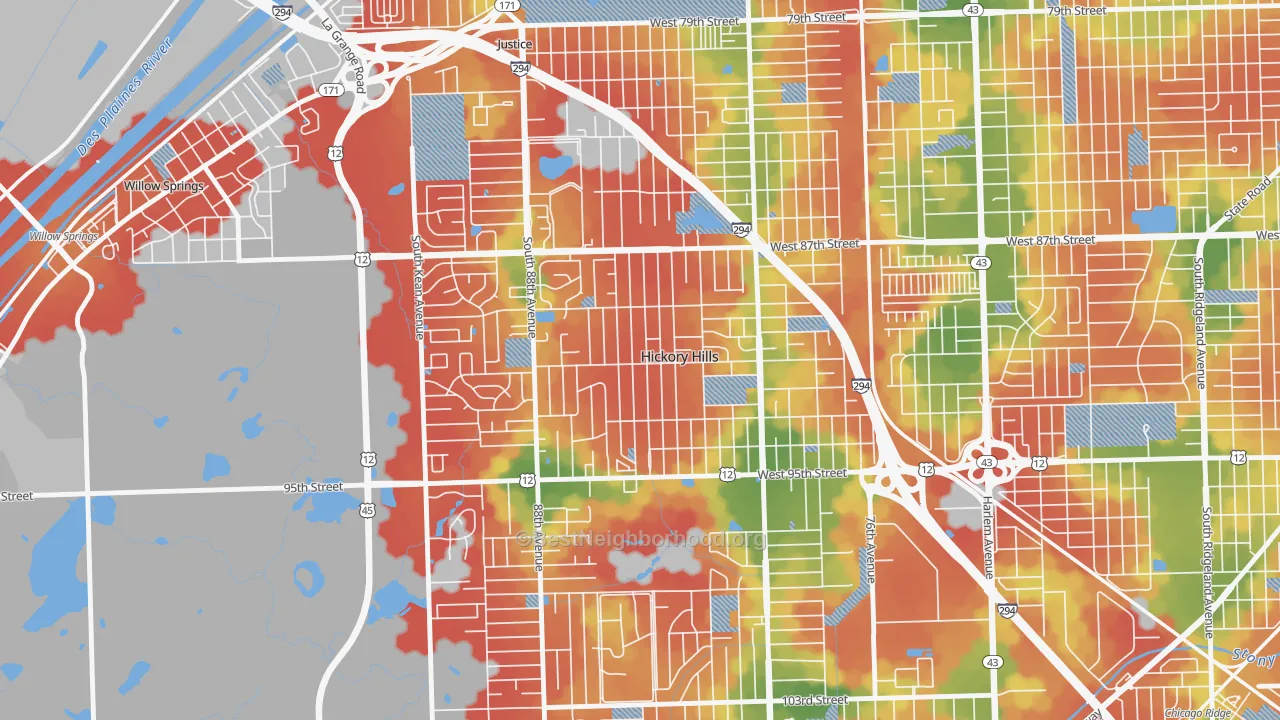 Walk Grade map of 60457, IL, walkable areas in green and car-dependent areas in red