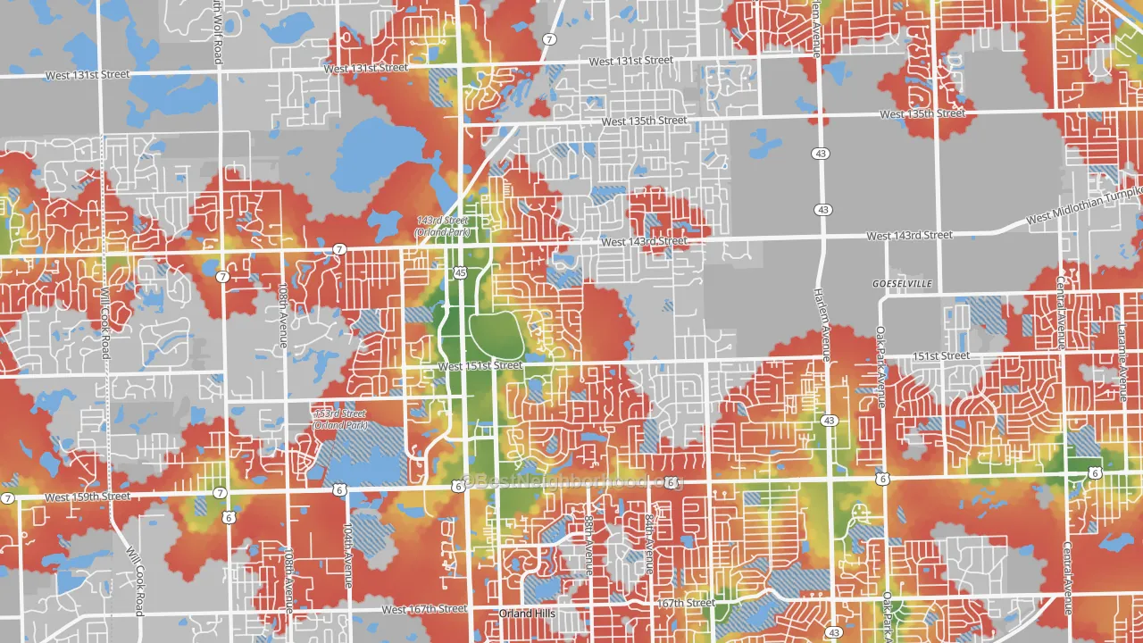 Walk Grade map of 60462, IL, walkable areas in green and car-dependent areas in red