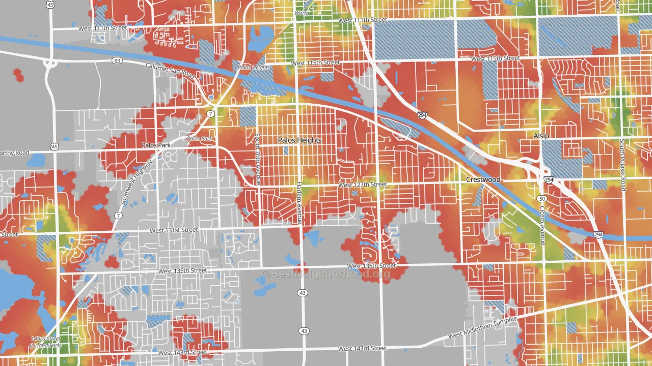 Walk Grade map of 60463, IL, walkable areas in green and car-dependent areas in red