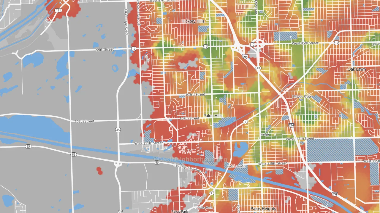 Walk Grade map of 60465, IL, walkable areas in green and car-dependent areas in red