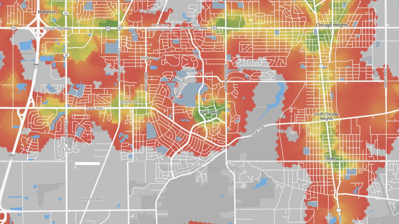 Walk Grade map of 60466, IL, walkable areas in green and car-dependent areas in red