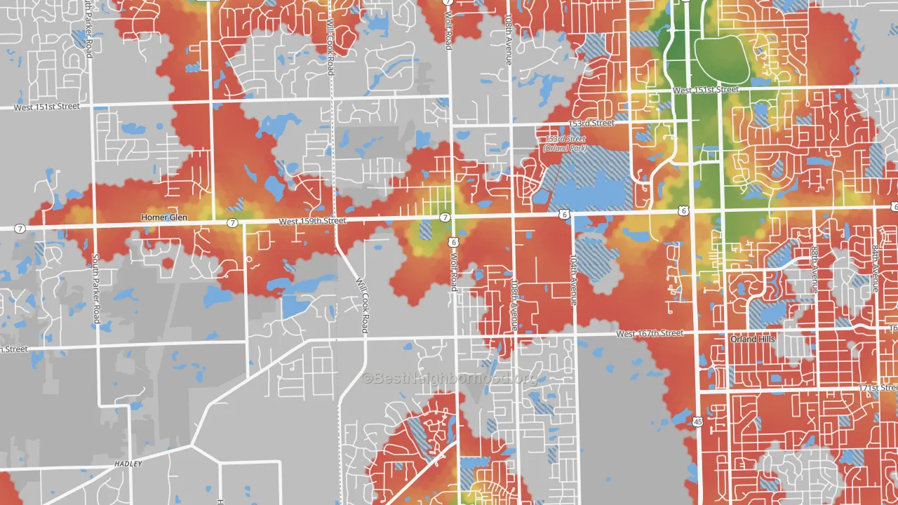 Walk Grade map of 60467, IL, walkable areas in green and car-dependent areas in red