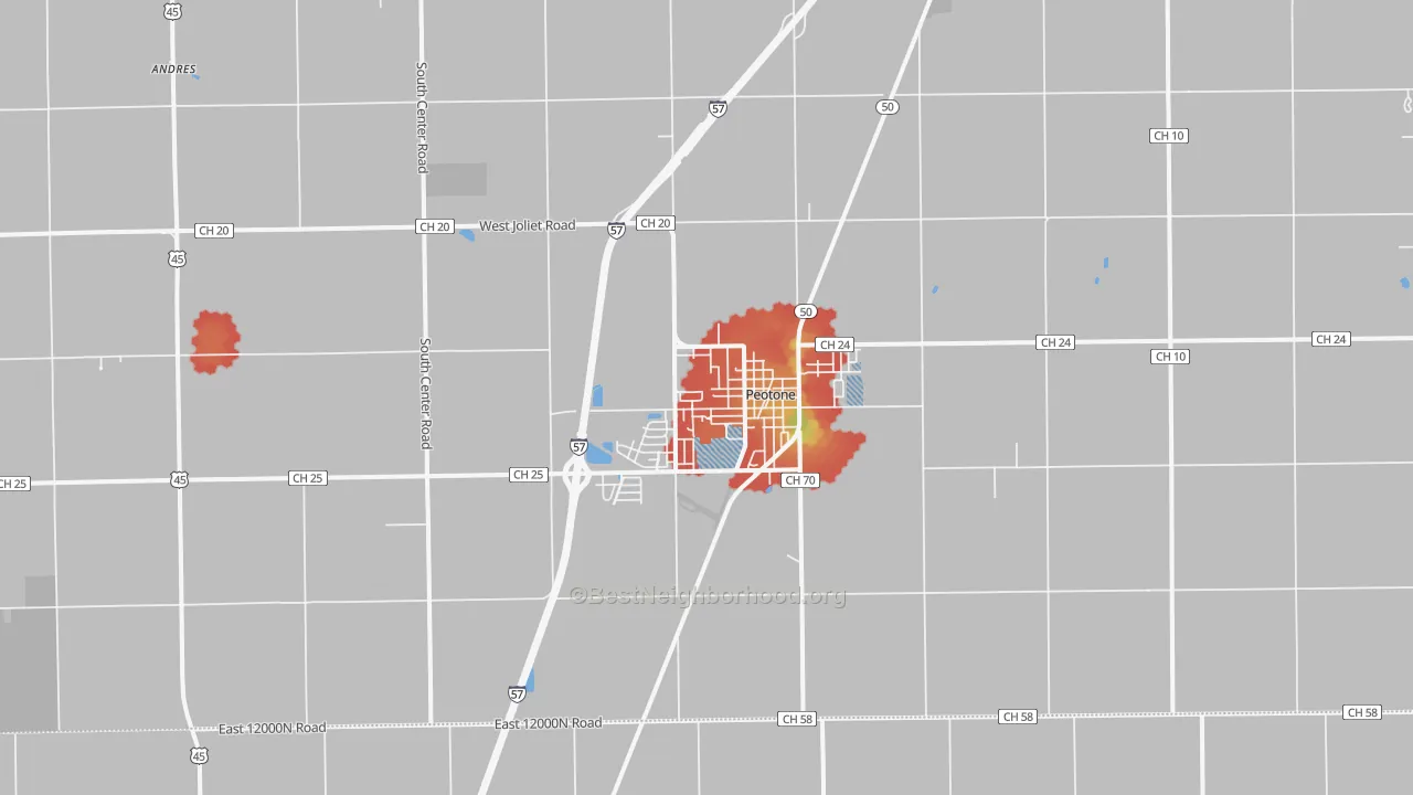 Walk Grade map of 60468, IL, walkable areas in green and car-dependent areas in red