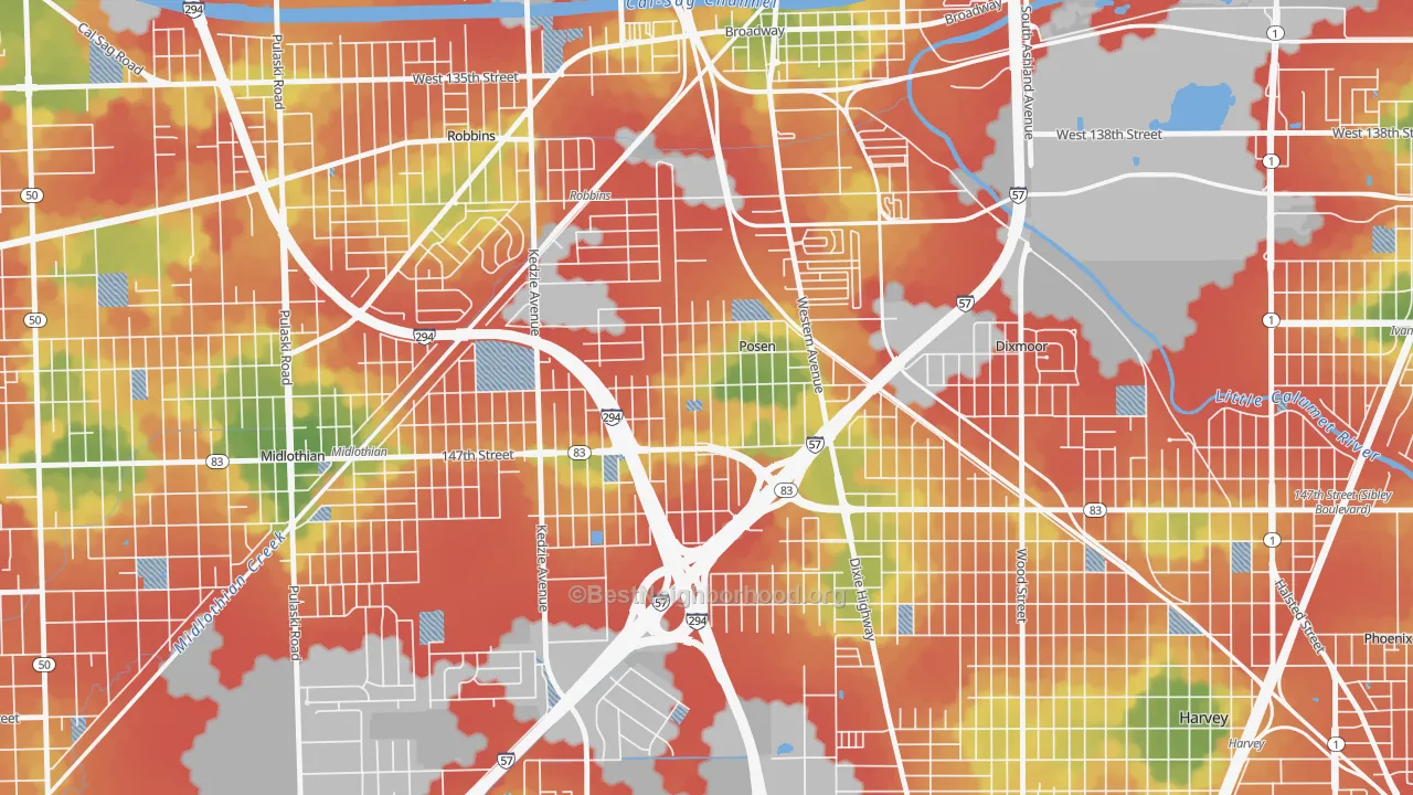 Walk Grade map of 60469, IL, walkable areas in green and car-dependent areas in red