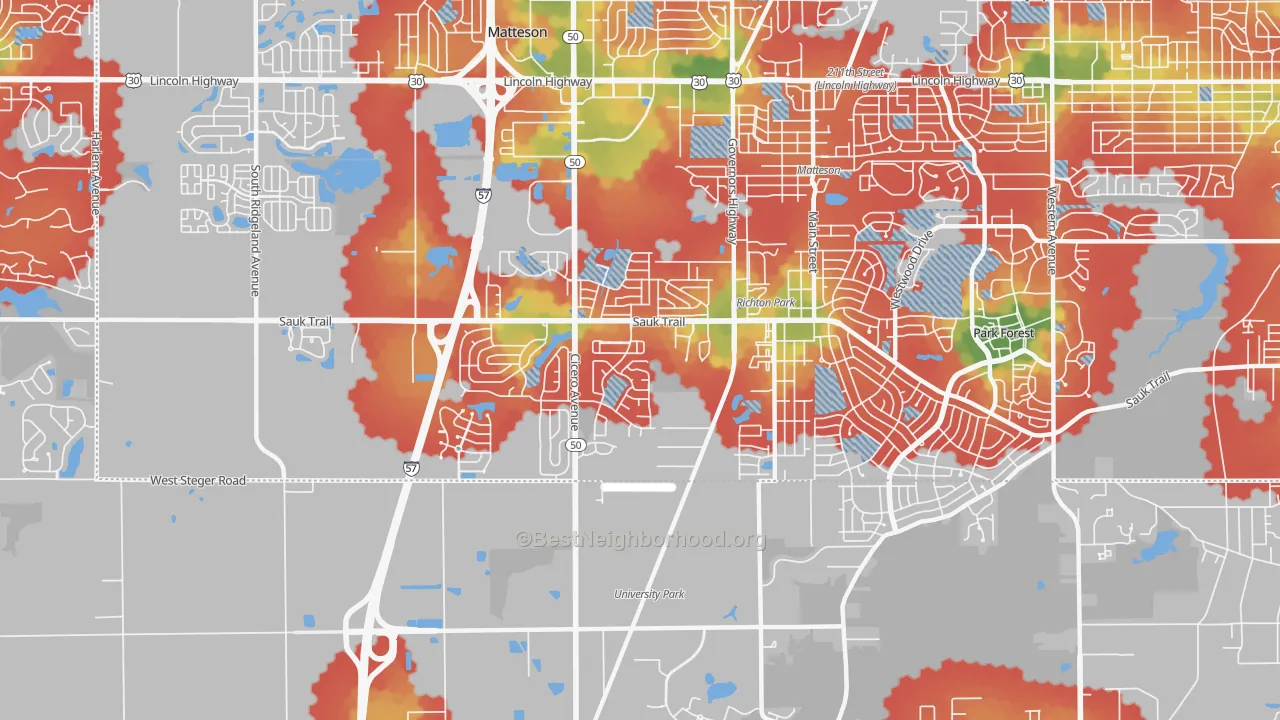 Walk Grade map of 60471, IL, walkable areas in green and car-dependent areas in red