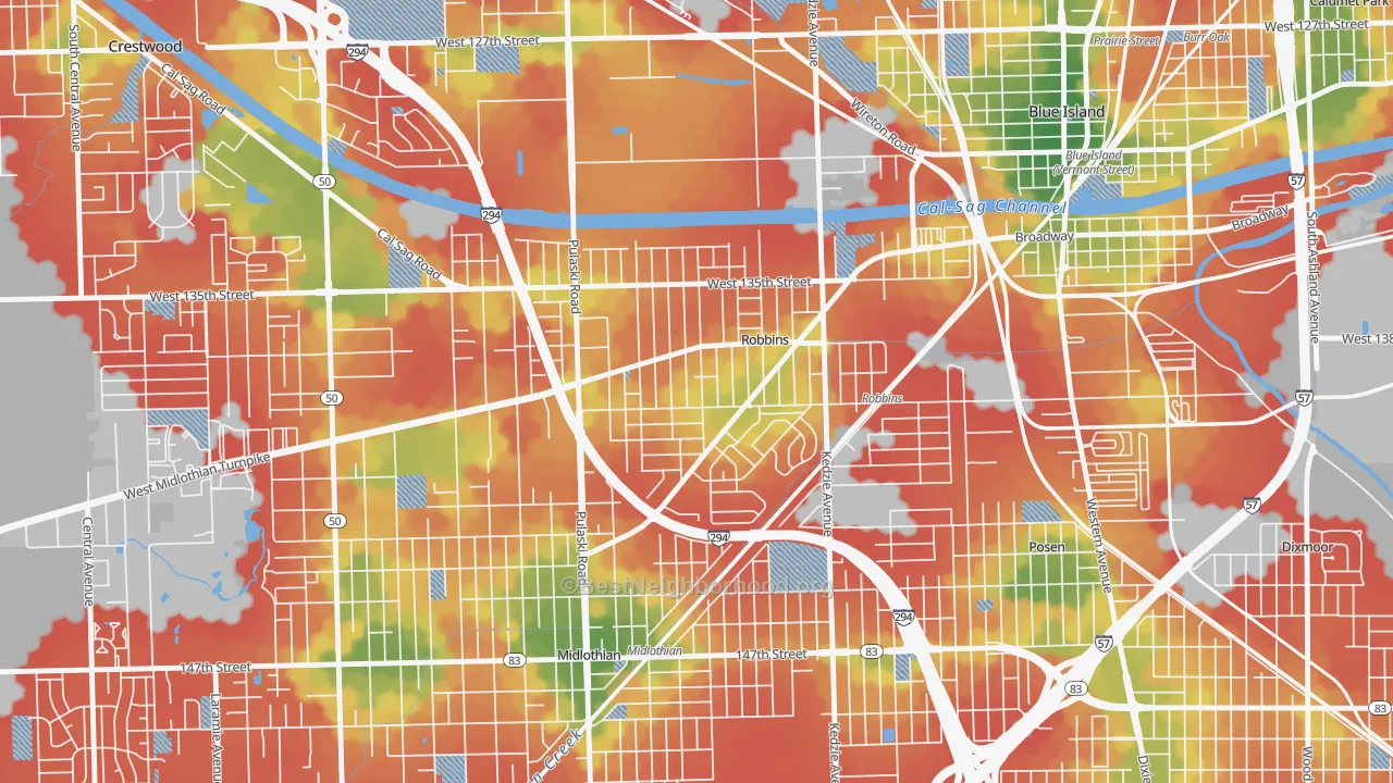 Walk Grade map of 60472, IL, walkable areas in green and car-dependent areas in red