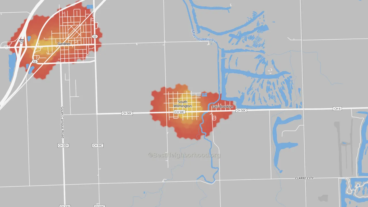 Walk Grade map of 60474, IL, walkable areas in green and car-dependent areas in red