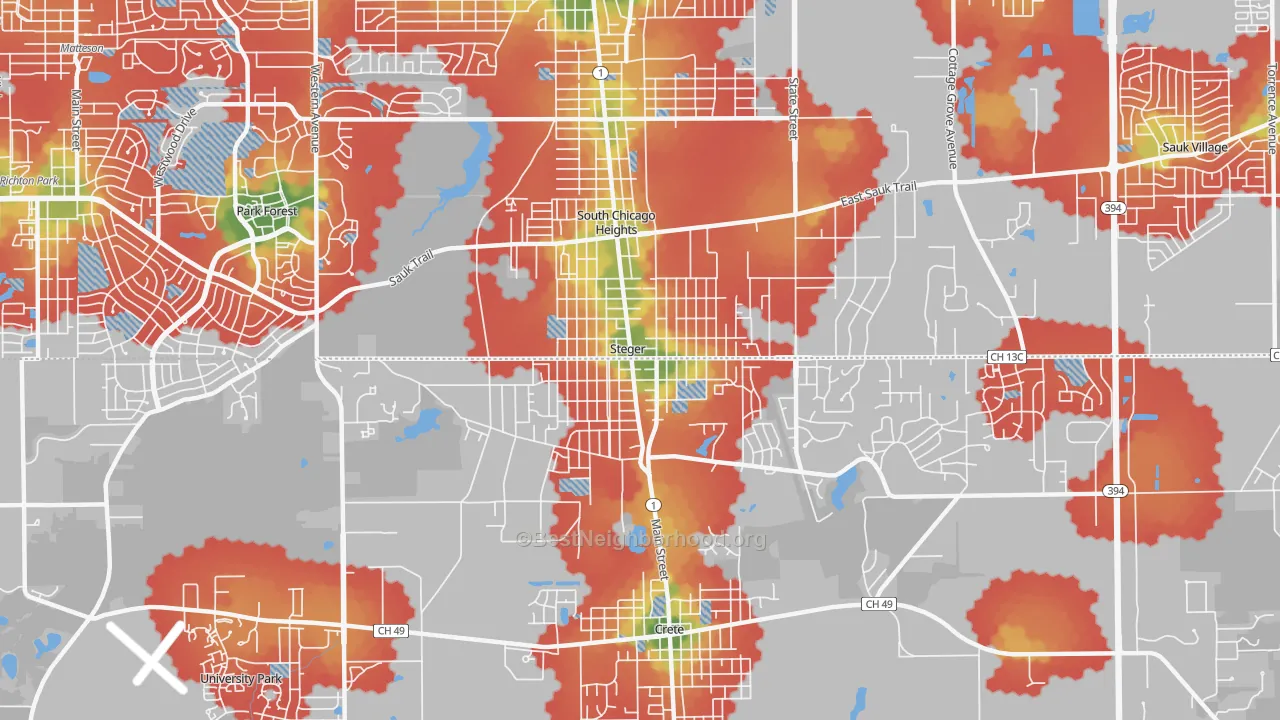Walk Grade map of 60475, IL, walkable areas in green and car-dependent areas in red