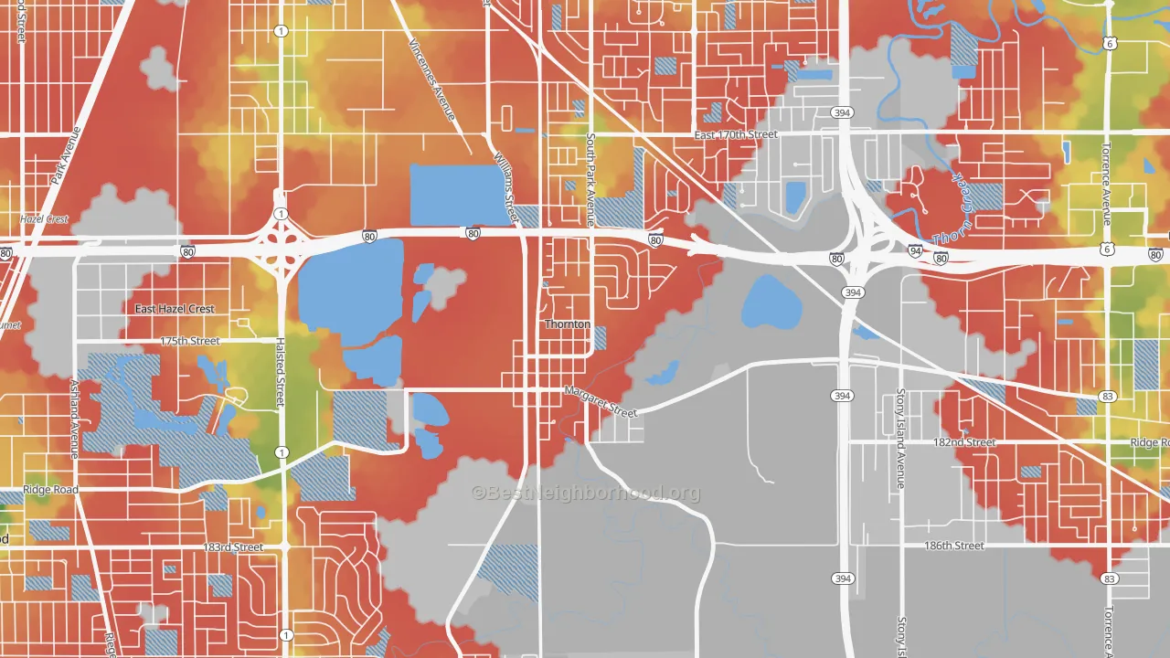 Walk Grade map of 60476, IL, walkable areas in green and car-dependent areas in red