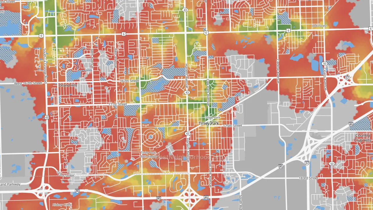 Walk Grade map of 60477, IL, walkable areas in green and car-dependent areas in red