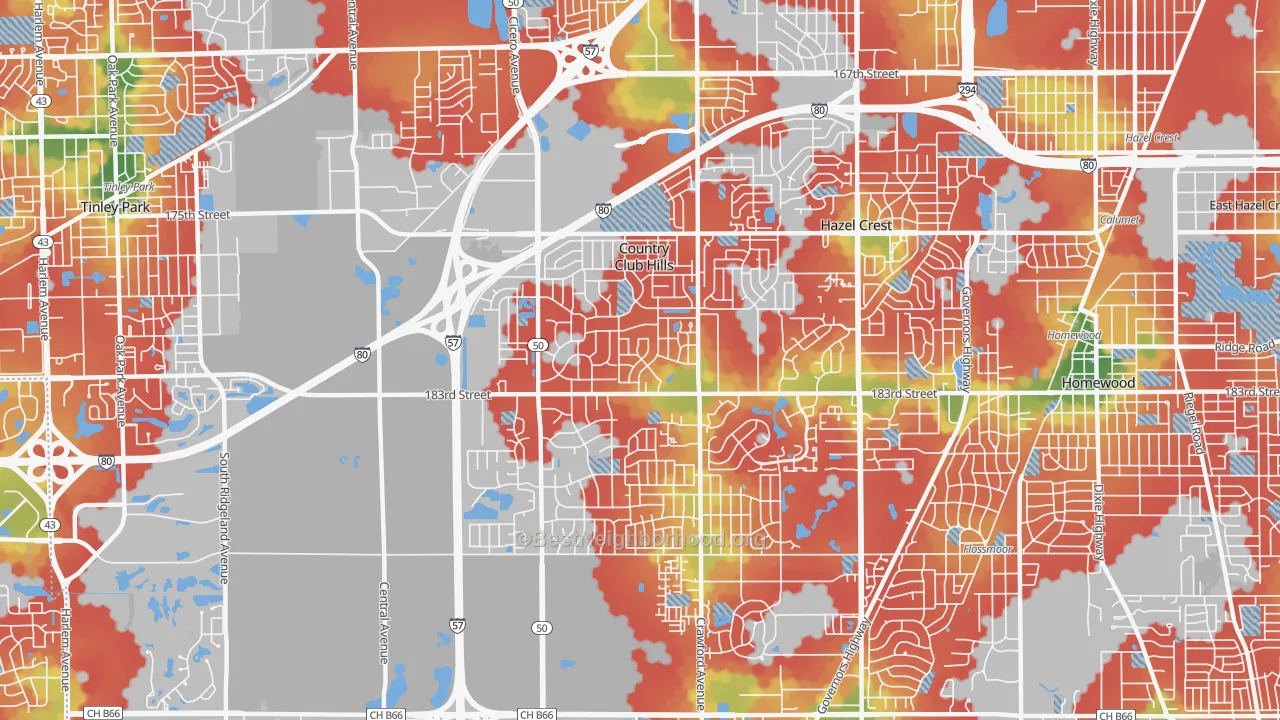 Walk Grade map of 60478, IL, walkable areas in green and car-dependent areas in red