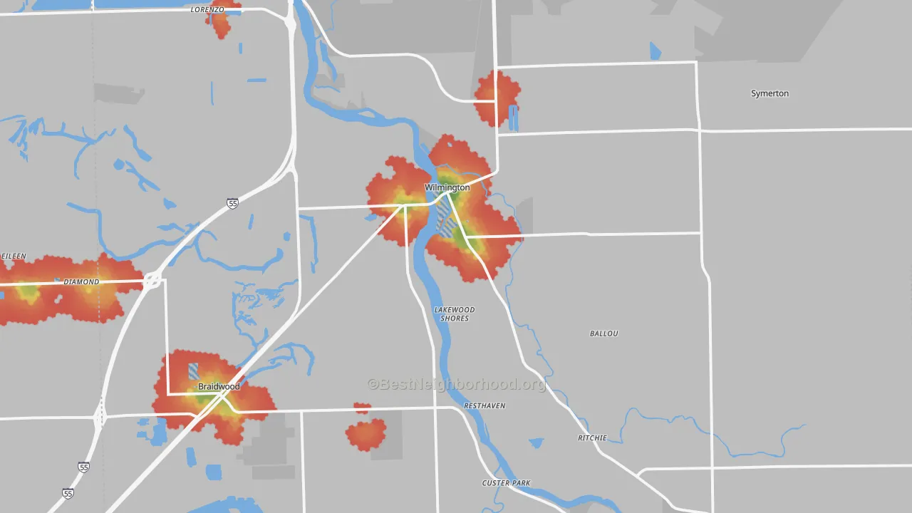 Walk Grade map of 60481, IL, walkable areas in green and car-dependent areas in red