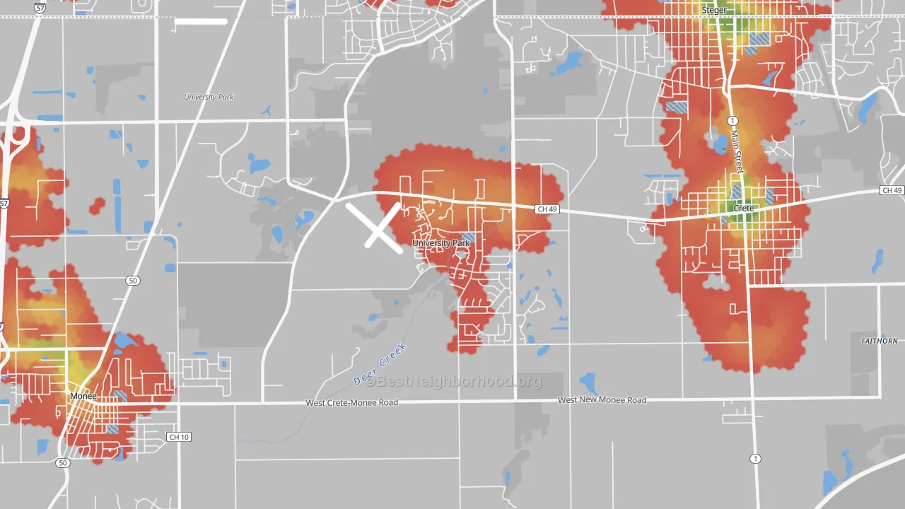 Walk Grade map of 60484, IL, walkable areas in green and car-dependent areas in red