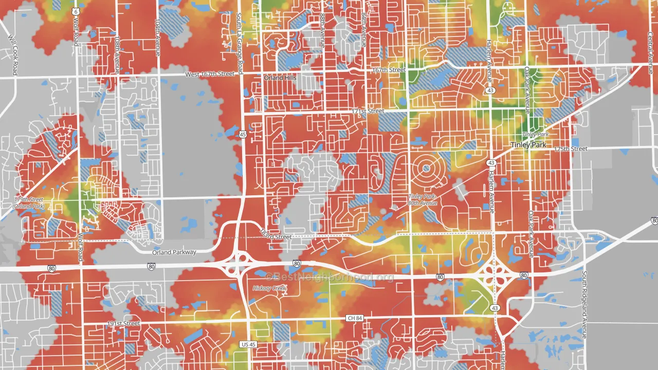 Walk Grade map of 60487, IL, walkable areas in green and car-dependent areas in red