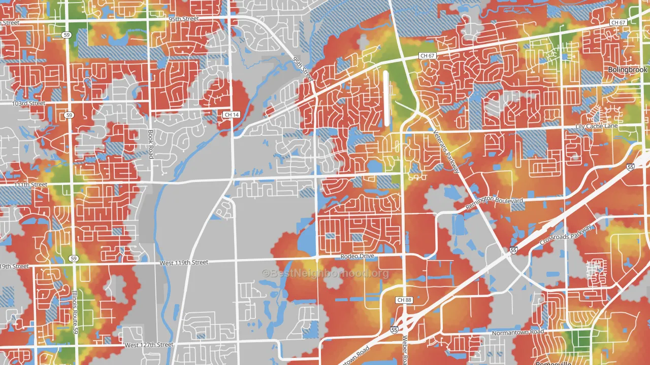 Walk Grade map of 60490, IL, walkable areas in green and car-dependent areas in red