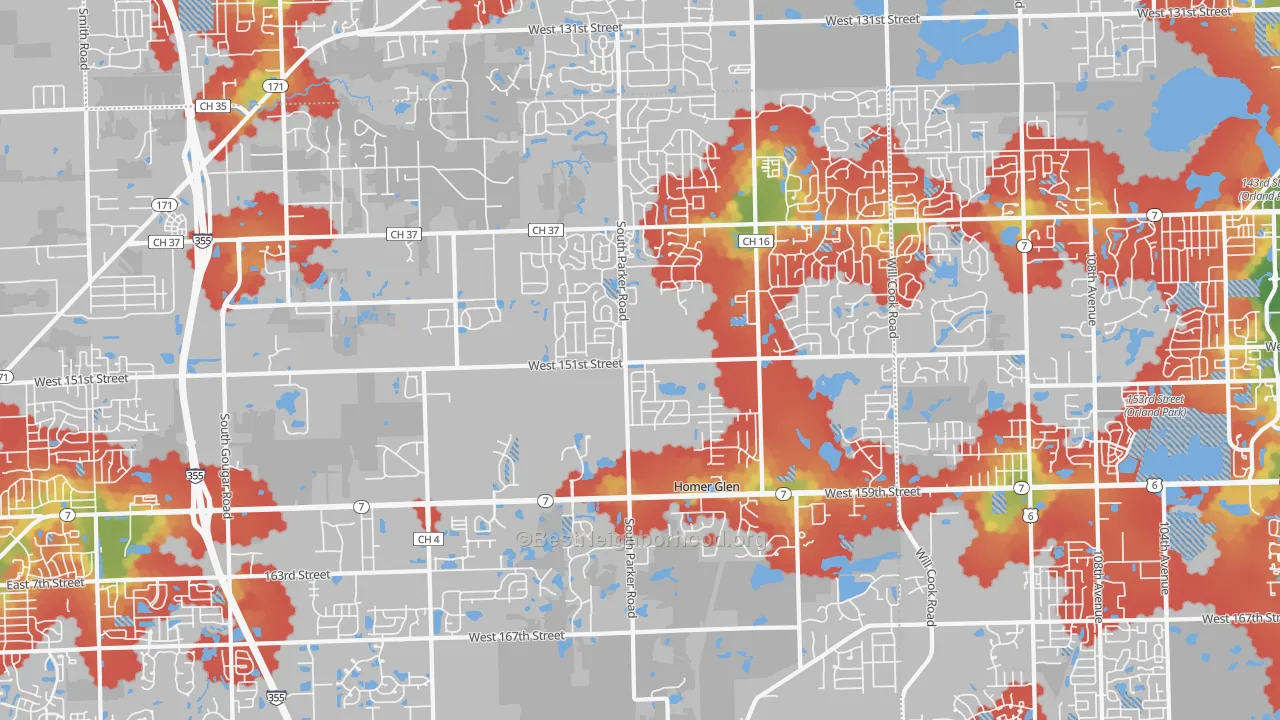 Walk Grade map of 60491, IL, walkable areas in green and car-dependent areas in red
