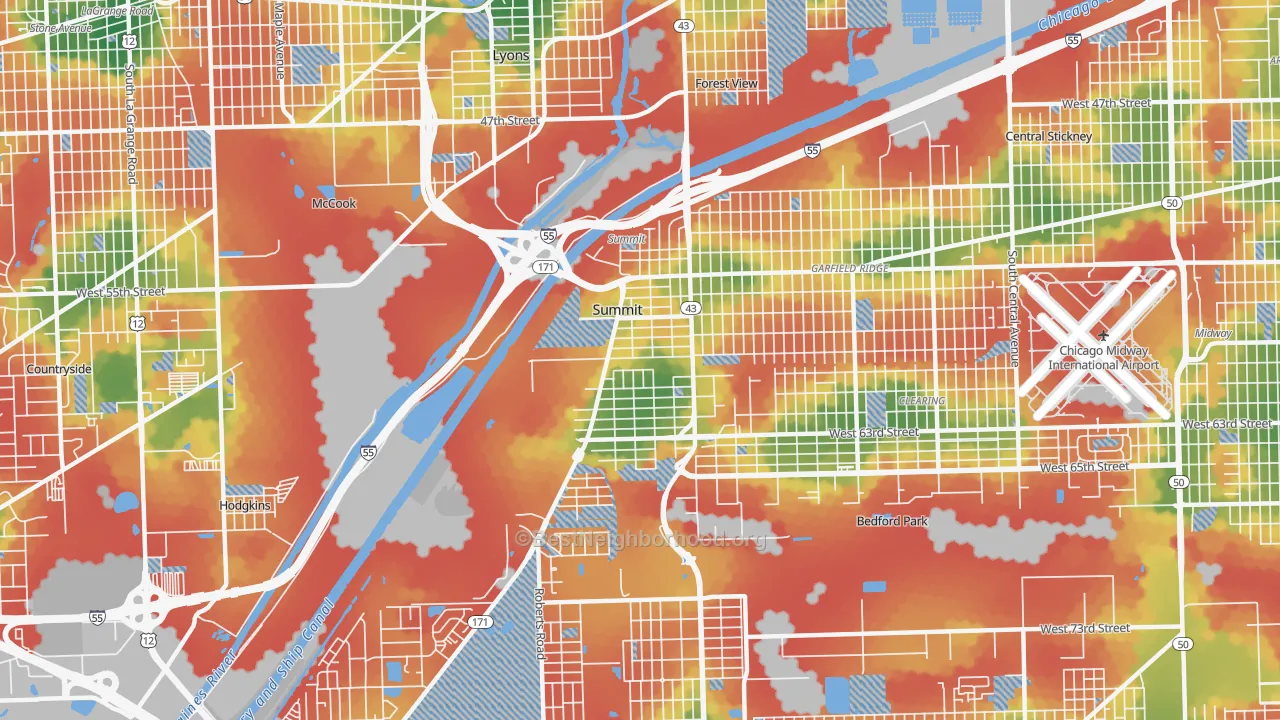 Walk Grade map of 60501, IL, walkable areas in green and car-dependent areas in red