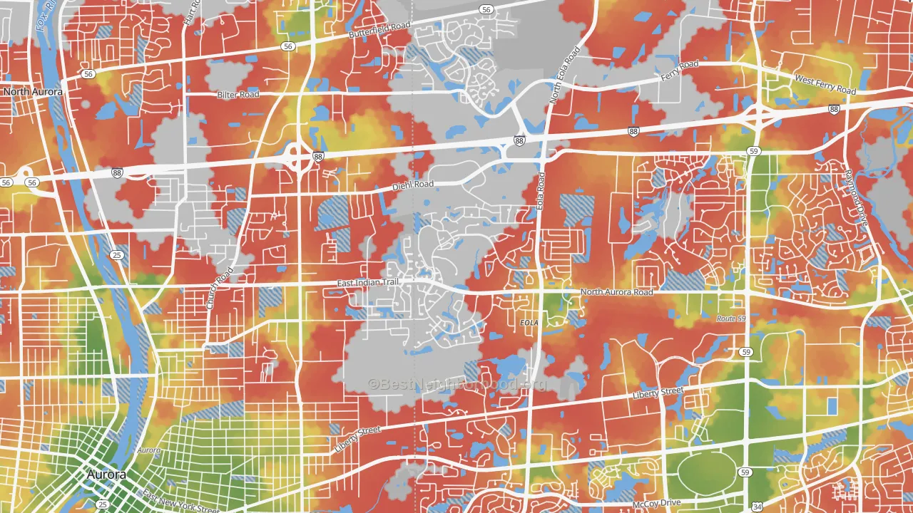Walk Grade map of 60502, IL, walkable areas in green and car-dependent areas in red