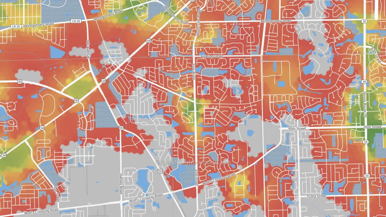 Walk Grade map of 60503, IL, walkable areas in green and car-dependent areas in red