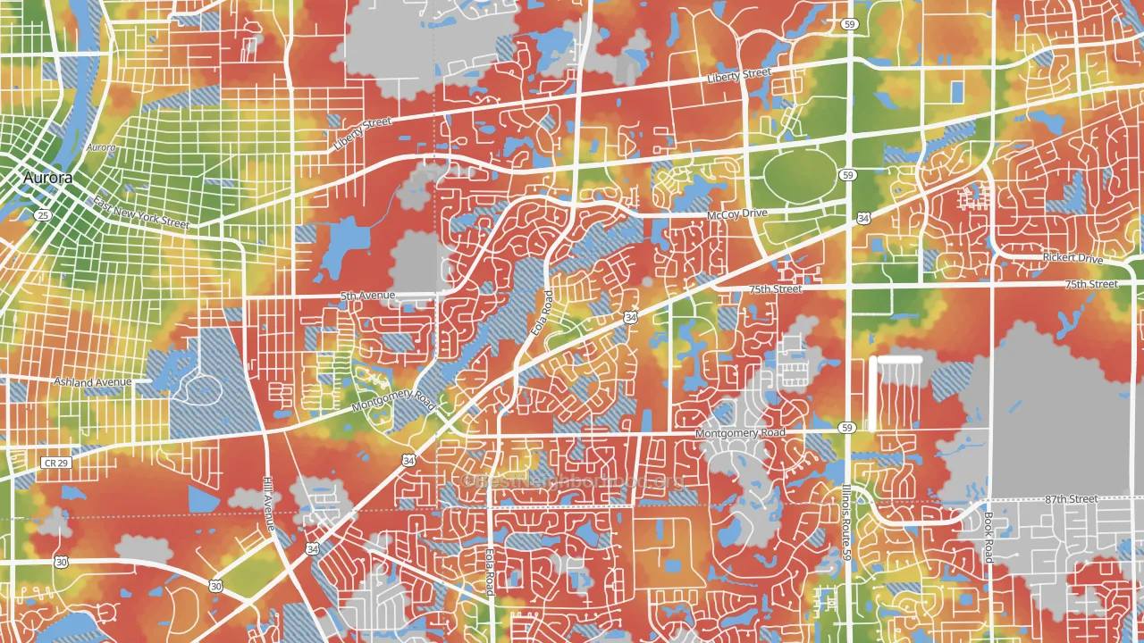 Walk Grade map of 60504, IL, walkable areas in green and car-dependent areas in red