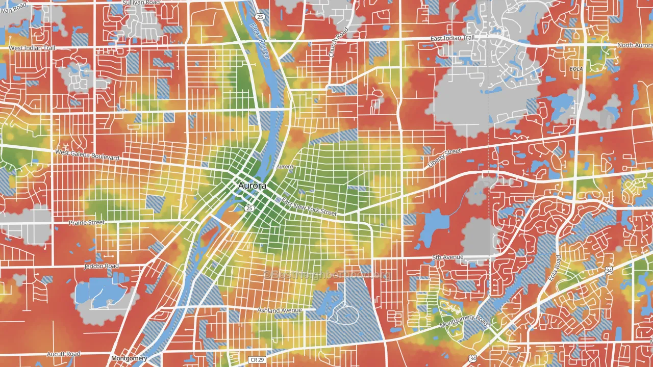 Walk Grade map of 60505, IL, walkable areas in green and car-dependent areas in red