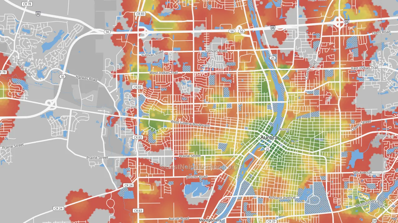 Walk Grade map of 60506, IL, walkable areas in green and car-dependent areas in red