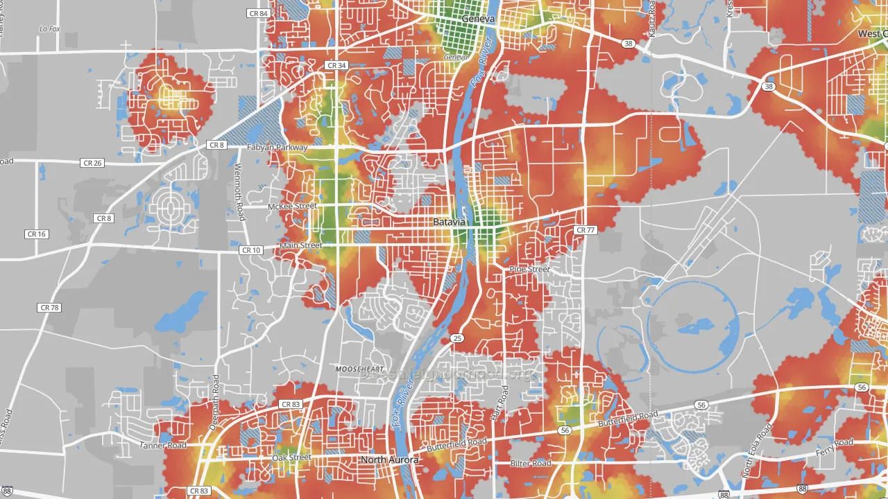 Walk Grade map of 60510, IL, walkable areas in green and car-dependent areas in red