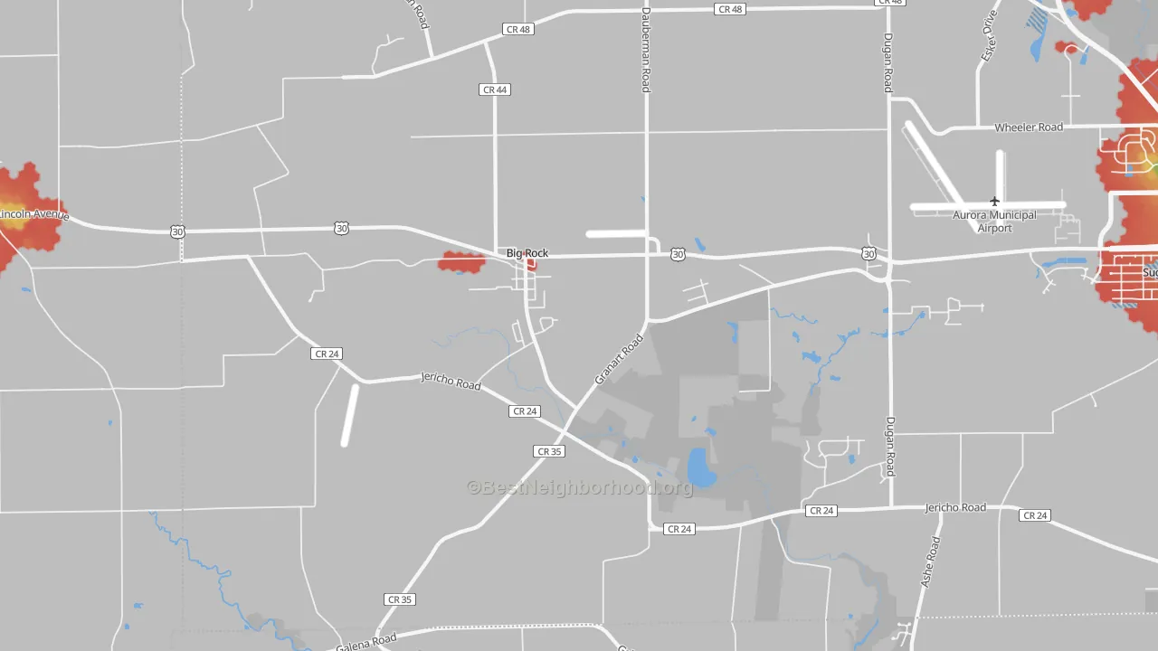 Walk Grade map of 60511, IL, walkable areas in green and car-dependent areas in red