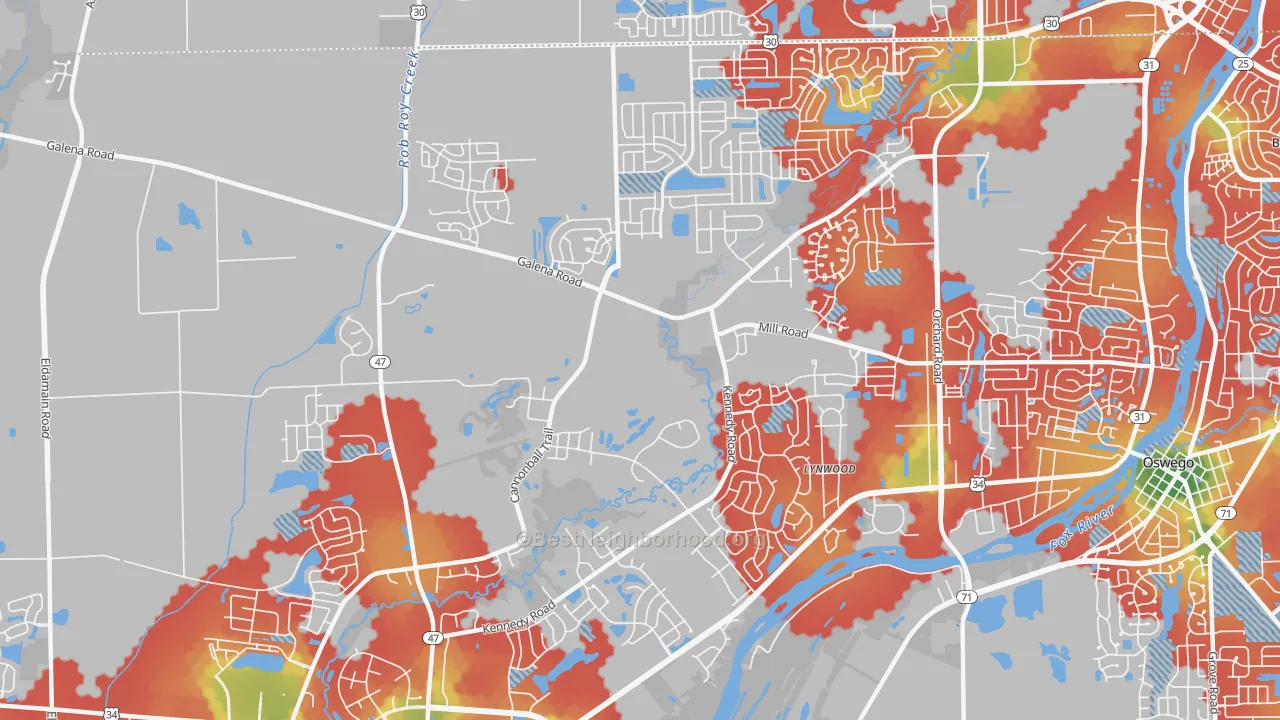 Walk Grade map of 60512, IL, walkable areas in green and car-dependent areas in red