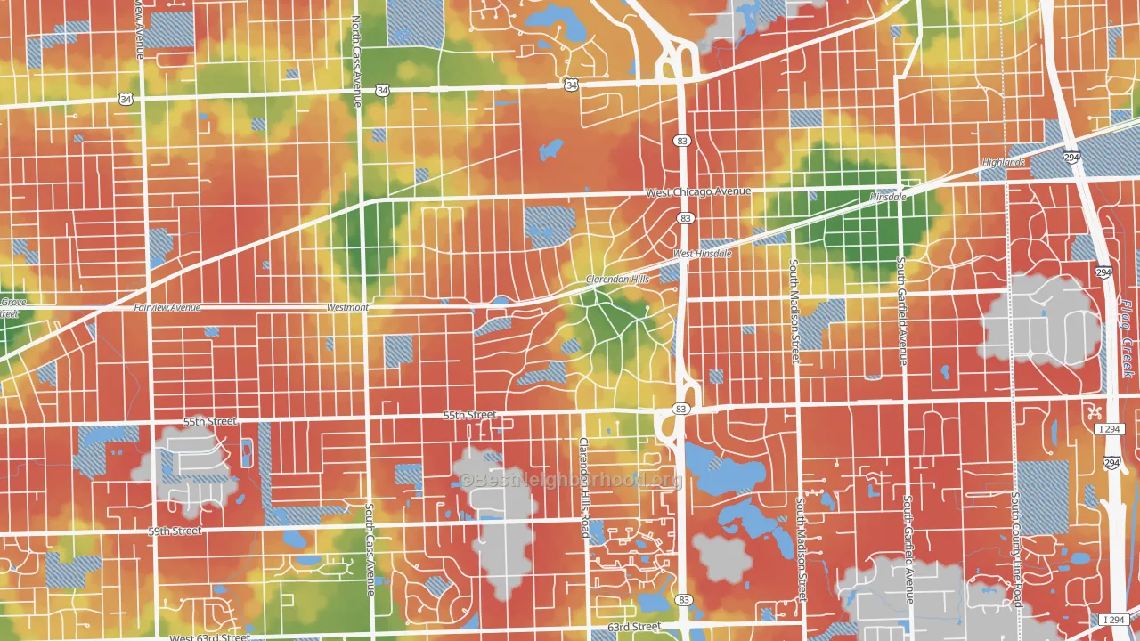 Walk Grade map of 60514, IL, walkable areas in green and car-dependent areas in red
