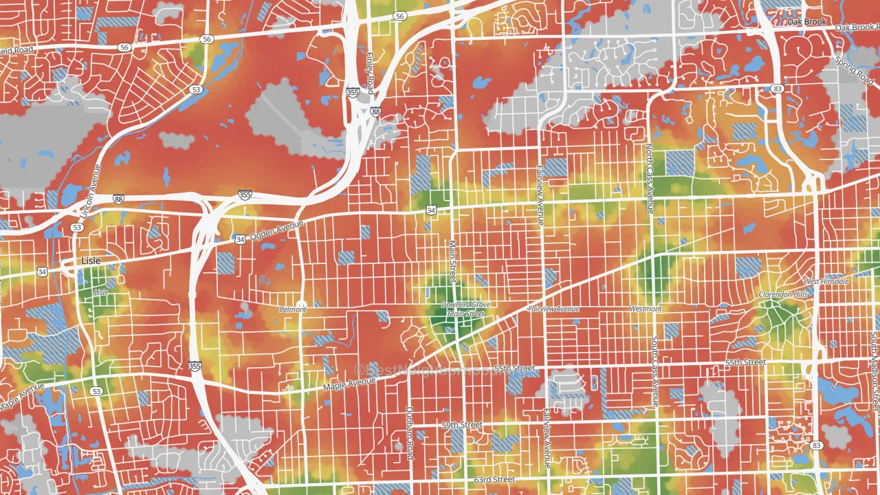 Walk Grade map of 60515, IL, walkable areas in green and car-dependent areas in red