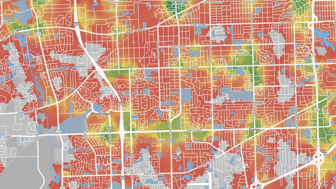 Walk Grade map of 60516, IL, walkable areas in green and car-dependent areas in red