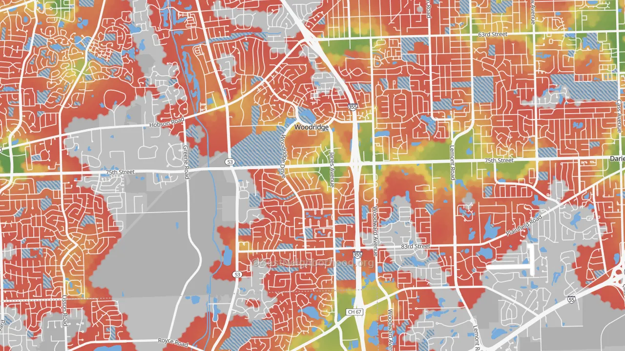 Walk Grade map of 60517, IL, walkable areas in green and car-dependent areas in red