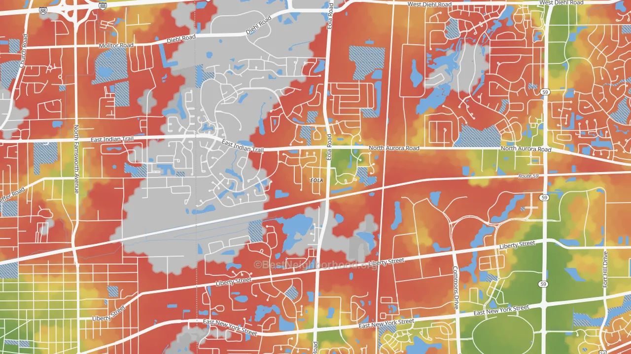 Walk Grade map of 60519, IL, walkable areas in green and car-dependent areas in red