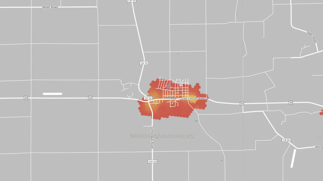 Walk Grade map of 60520, IL, walkable areas in green and car-dependent areas in red