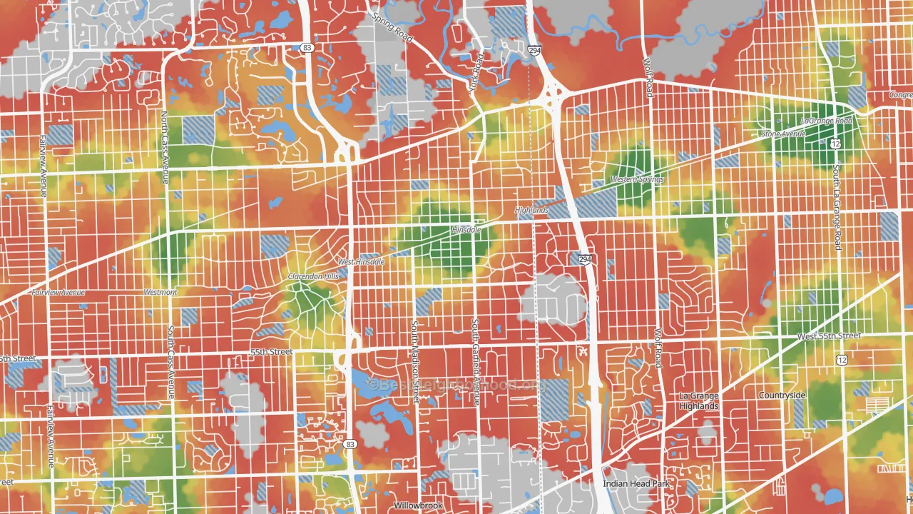 Walk Grade map of 60521, IL, walkable areas in green and car-dependent areas in red