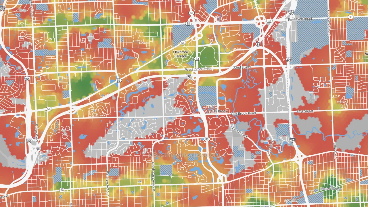 Walk Grade map of 60523, IL, walkable areas in green and car-dependent areas in red