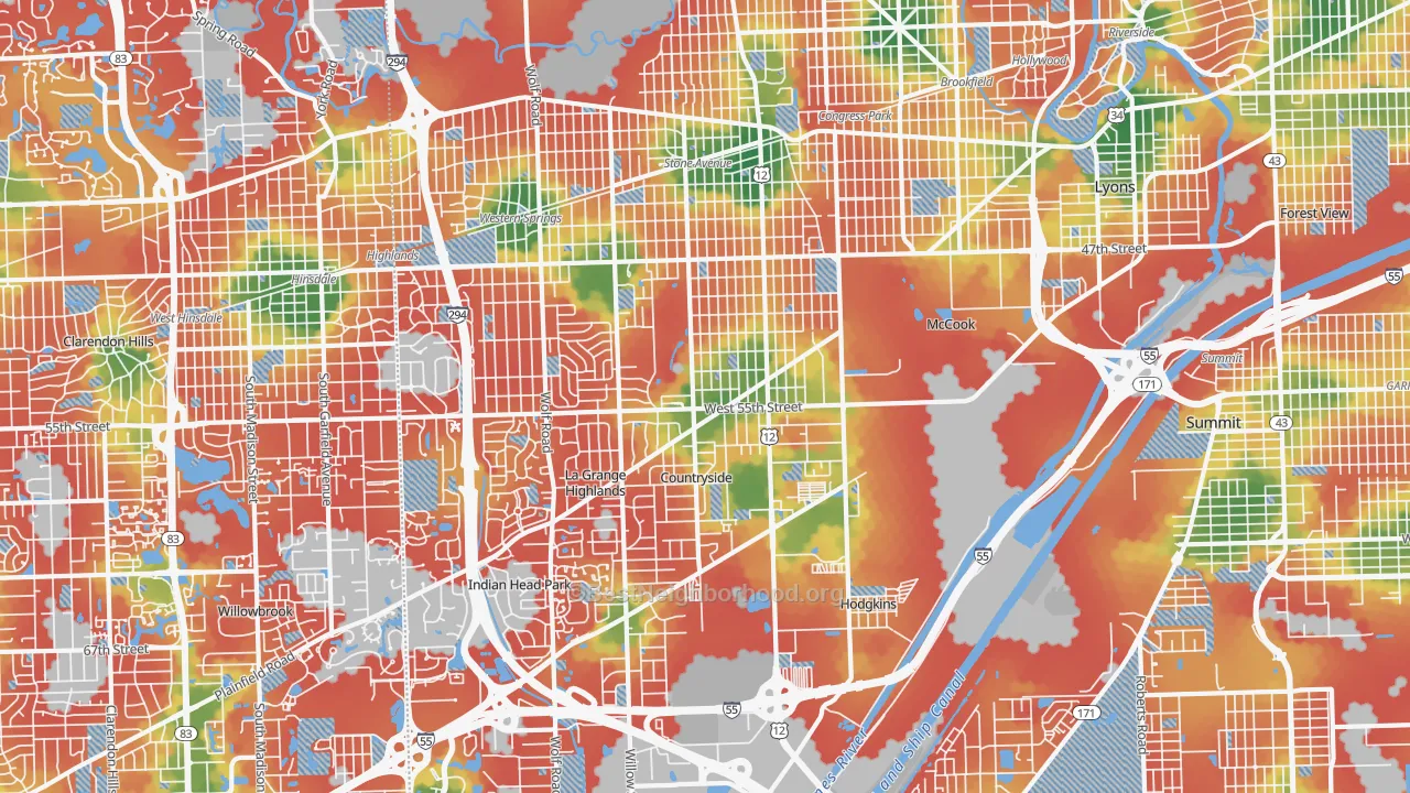 Walk Grade map of 60525, IL, walkable areas in green and car-dependent areas in red