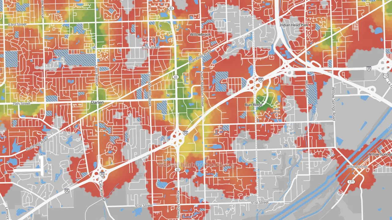 Walk Grade map of 60527, IL, walkable areas in green and car-dependent areas in red