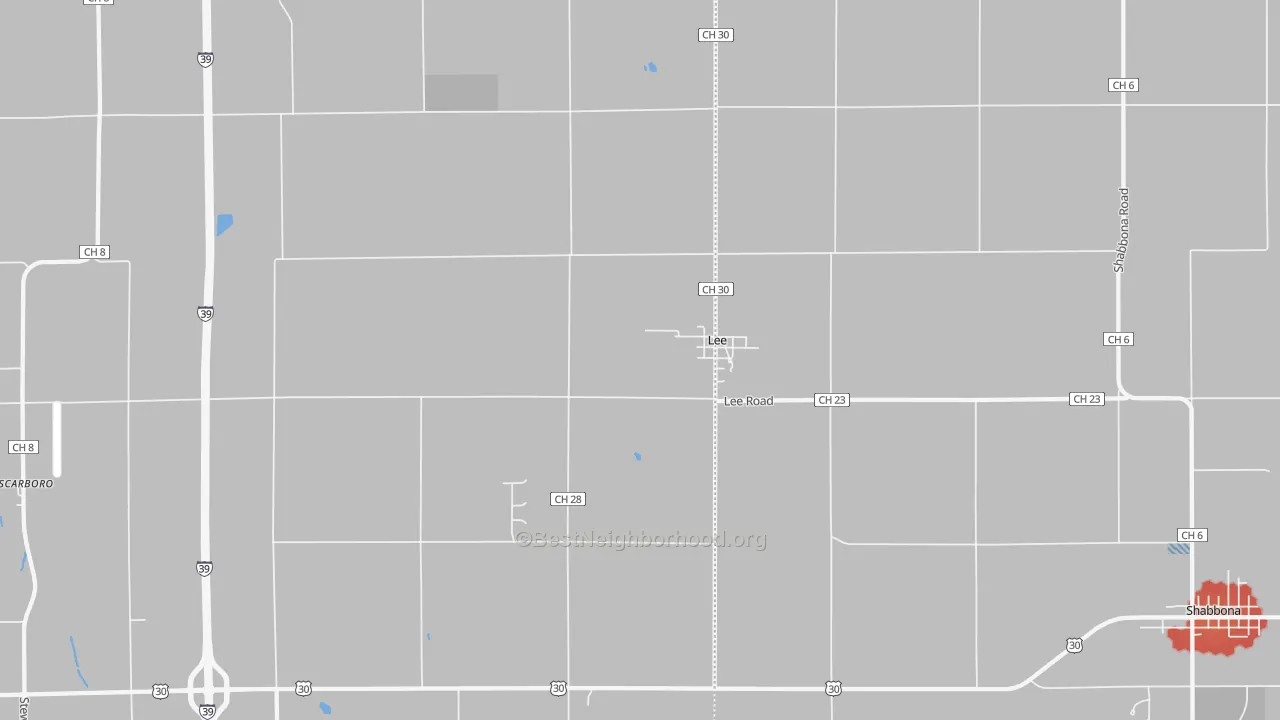 Walk Grade map of 60530, IL, walkable areas in green and car-dependent areas in red